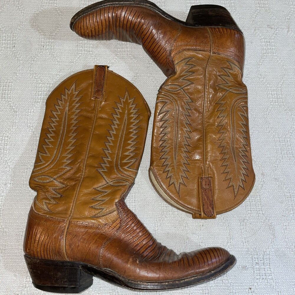 Dan Post Men’s Western Boots Size 9 D Brown Leather Lizard Motif Cowboy Rodeo